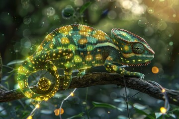 Surrealistic Cartoon Glass Chameleon with Glowing Patterns Blending in Dubai Tree Branch Environment