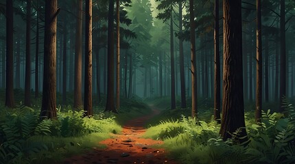 Naklejka premium forest with tall tress and a path leading through the middle