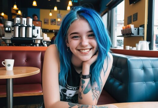 young smiling girl with blue hair and piercings