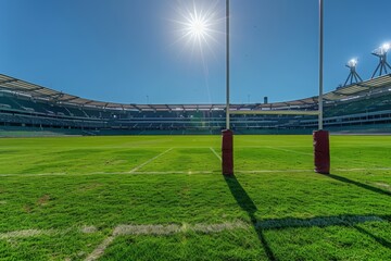 empty rugby football pitch in the stadium in sunny day.