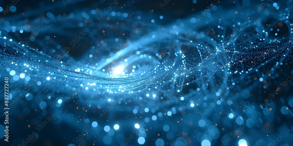 Poster an intricate showcase of countless small blue particles and swirling lines. concept particle physics