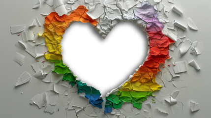 Fototapeta premium The white background has rainbow colors surrounding the LGBTQ, with a heart-shaped hole in the center. This image is ideal for use with PNG cutouts, versatile enough to be used for a variety of design
