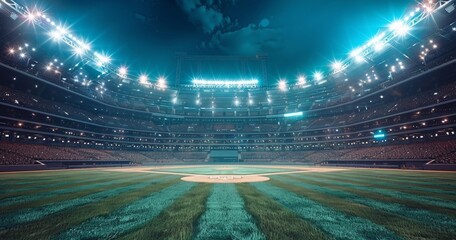 empty baseball pitch stadium. illuminated with light.