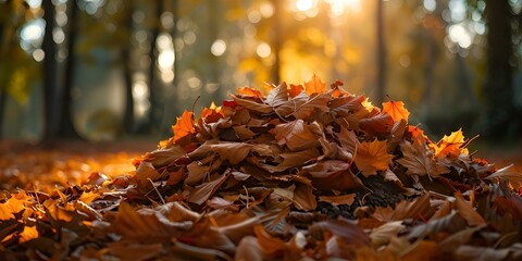 Gathering a pile of autumn leaves in the forest for composting. Concept Composting, Autumn Leaves, Forest, Environmental Sustainability, Gathering
