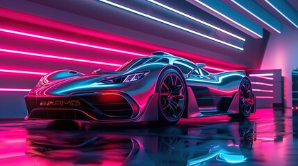 Amidst the neon glow a sleek sports car gleams, embodying modern luxury and high-performance...