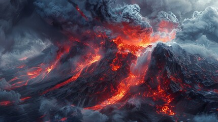 A fiery volcano erupts in the sky, with clouds of ash