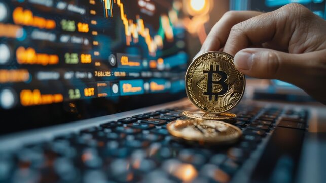 A hand holding a physical bitcoin in front of a laptop with a graph of the value of bitcoin.