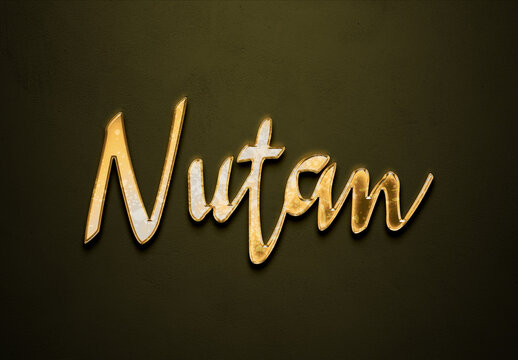 Old gold text effect of Hindi name Nutan with 3D glossy style Mockup.