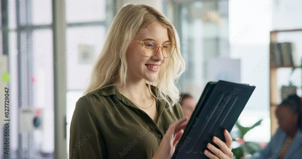 Poster woman, business and tablet or typing in workplace, networking and company website or review email fo