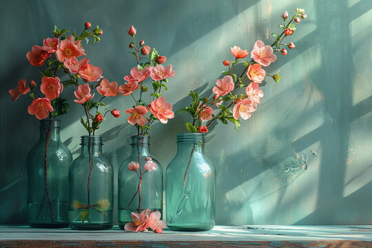 stilllife in front of a mint green wall a bit sunlight from the rigth side a few spring flowers in a vase on a table very realistic style --ar 3:2 --style raw --stylize 750
