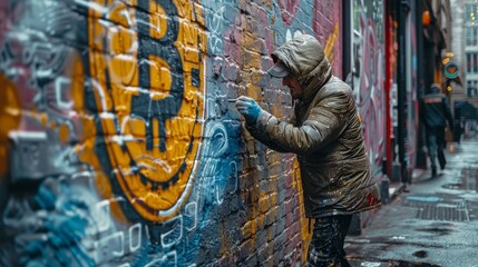 Fototapeta premium A man in a black jacket is spray painting a yellow smiley face with a Bitcoin symbol on a brick wall.