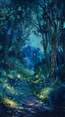 Enchanted Woodland Path at Nightfall with Magical Glowing Lights