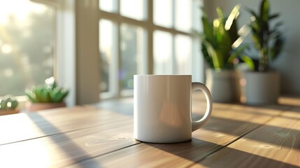 A white coffee mug on a table in front of a window