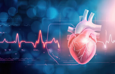 Human heart with red cardiac pulse line.