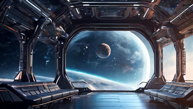 Futuristic Spacecraft Interior with Galaxy View. Advanced Technology and Design for Space Exploration. Modern Spaceship Cabin with Celestial Observation Windows.