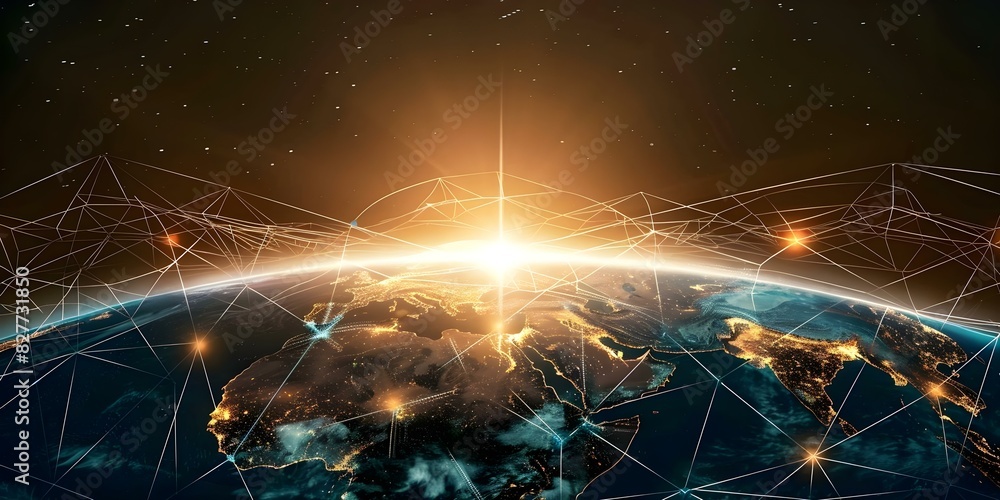 Poster mapping the digital grid: a futuristic global network overlay on earth's surface. concept technology