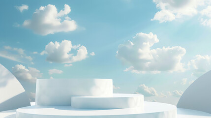 Podium for product, 3D podium illustration with Modern abstract podium with a breathtaking blue sky and clouds background