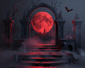Podium for product, Gothic style Halloween 3D podium with vampire themes, dark castles, and bloodred moon, perfect for a dramatic setting