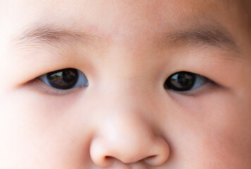 Close-up of child's face,Portrait of a sad focused baby. Closed baby's eyes. Beautiful eyes, deep black watercolor. Child, baby, people, healthcare, psychology, curiosity, sadness, feelings.