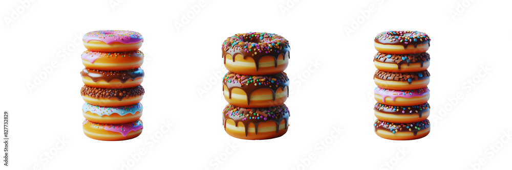 Wall mural Set of Three stack tower of round doughnut, isolated over on transparent white background - Wall murals