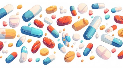 Illustration of medical pills and tablets used for treating diseases isolated on a white background