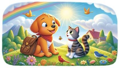 A children's book illustration depicting a friendship between a dog and a cat.