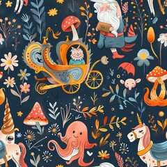 Whimsical seamless pattern with cute gnomes, unicorns,mushrooms and flowers.