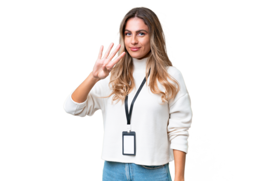 Young Uruguayan woman with ID card over isolated background happy and counting four with fingers