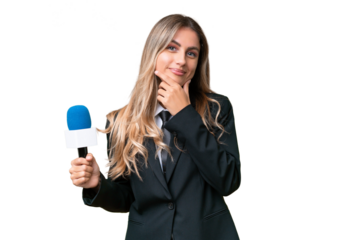 Young pretty Uruguayan tv presenter over isolated background happy and smiling