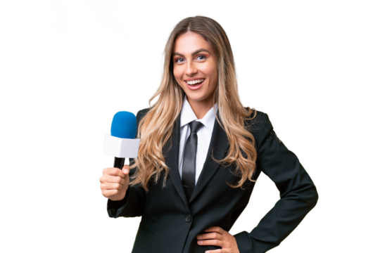 Young pretty Uruguayan tv presenter over isolated background posing with arms at hip and smiling