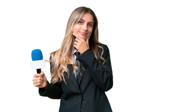 Young pretty Uruguayan tv presenter over isolated background happy and smiling