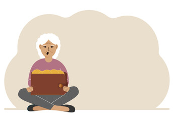 A old woman sits cross-legged and holds a large purse of coins. The concept of a savings wallet, a successful loan, golden earnings with metal money in the currency. Vector flat illustration