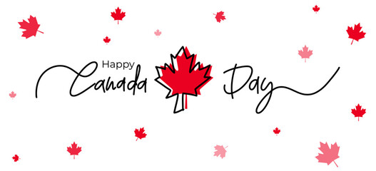 Happy Canada Day Greeting Banner Design on white background. Handwritten lettering or font logo for Canada Day with red maple leaf. Vector Illustration.
