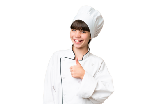 Little caucasian chef girl over isolated background giving a thumbs up gesture