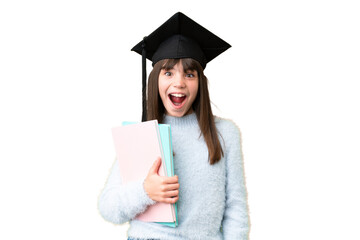 Little caucasian student girl over isolated background with surprise facial expression