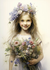 Little blonde girl portrait in studio with flowers