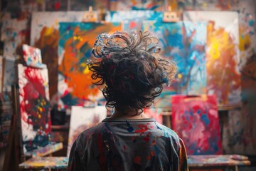 Fototapeta premium Messy-haired artist looking at colorful abstract paintings in a vibrant, cluttered studio filled with creative chaos and inspiration.