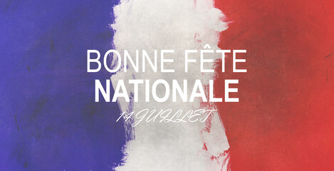 French National Day, 14th of July brush stroke banner in colors of the national flag of France with...