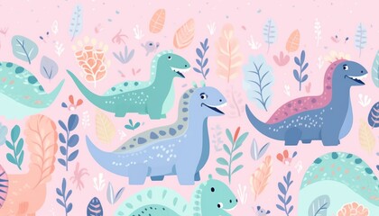 hand painted doodle background, cute  Iguanodon theme pastel color