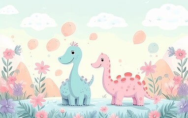 hand painted doodle background, cute  Diplodocus theme pastel color