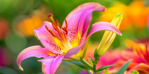 Fototapeta premium Vibrant Pink Lily in Full Bloom with Colorful Background