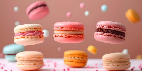 Whimsical display of vibrantly hued macarons against a soft pastel backdrop. Concept Food photography, Macarons, Vibrant colors, Pastel backdrop, Whimsical display