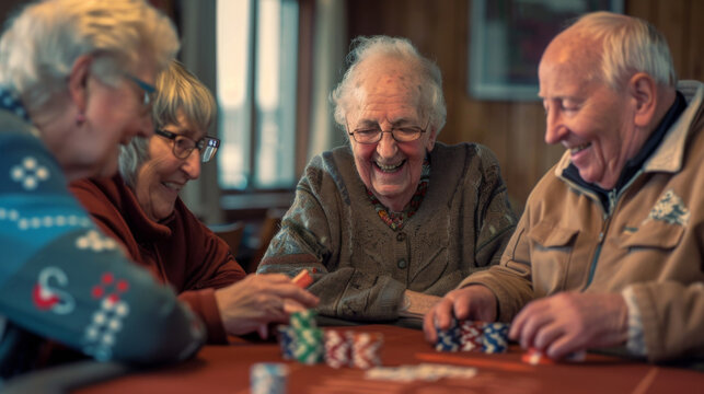 Active senior living: elderly friends share laughter indoors during a card game gathering