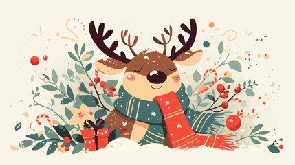 Fototapeta premium Illustrated in a festive 2d design a beloved Christmas cartoon character is featured as a decoration showcasing a reindeer in all its holiday charm