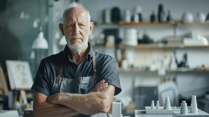 The picture of the senior caucasian male industrial designer working inside his own workshop, the designer require skills like material knowledge, creativity, innovation and design knowledge. AIG43.