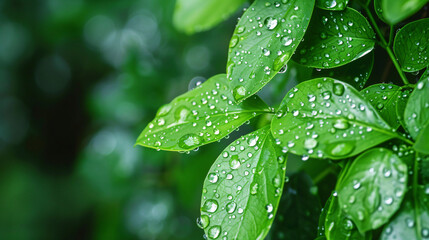 Lush green leaves with rain drops. Vibrant green leaves glisten with fresh rain drops, capturing the beauty of nature after a refreshing shower.