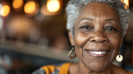Fototapeta premium Close-up of a joyful elderly woman with a bright smile, indoors with soft lighting