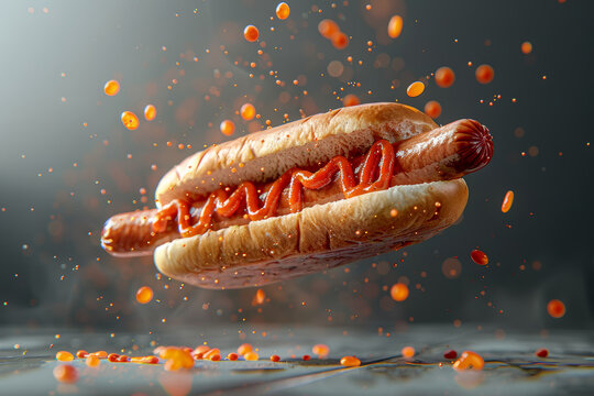 Dynamic Floating Hot Dog with Ketchup, Suspended in Mid Air - Powered by Adobe