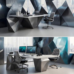 Imagine a futuristic office, with holographic screens and floating desks. The walls are covered in geometric patterns, and the furniture is made of sleek, metallic materials.