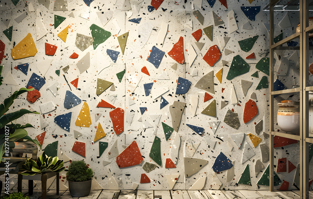 Poster a wall with a mosaic pattern of different colored tiles. the tiles are scattered all over the wall, 